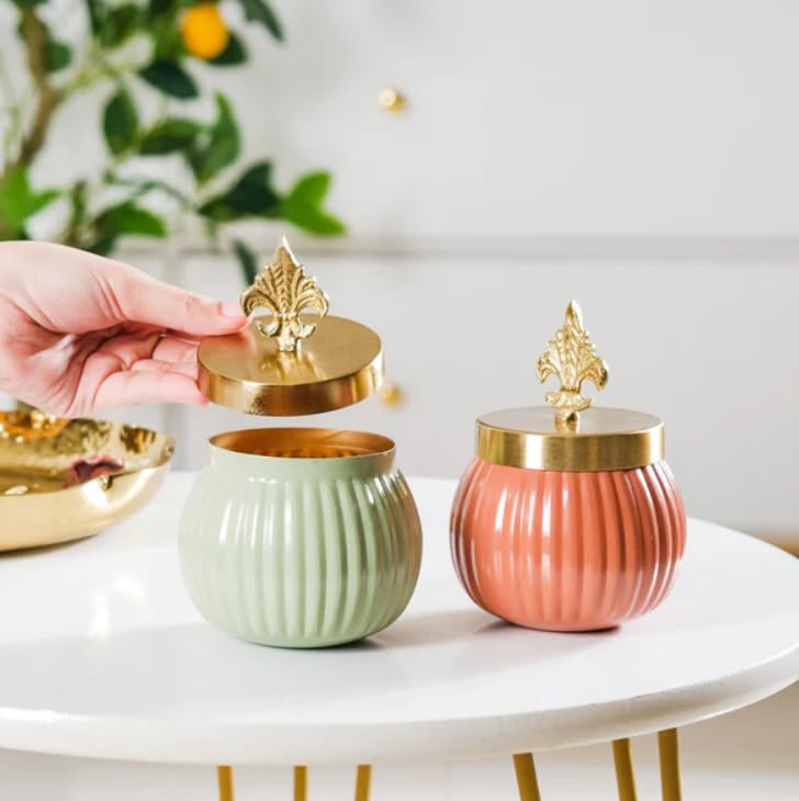 Brass Metal Lining Decorative Pink and Green Jar with Stylish Gold Knob Set of 2